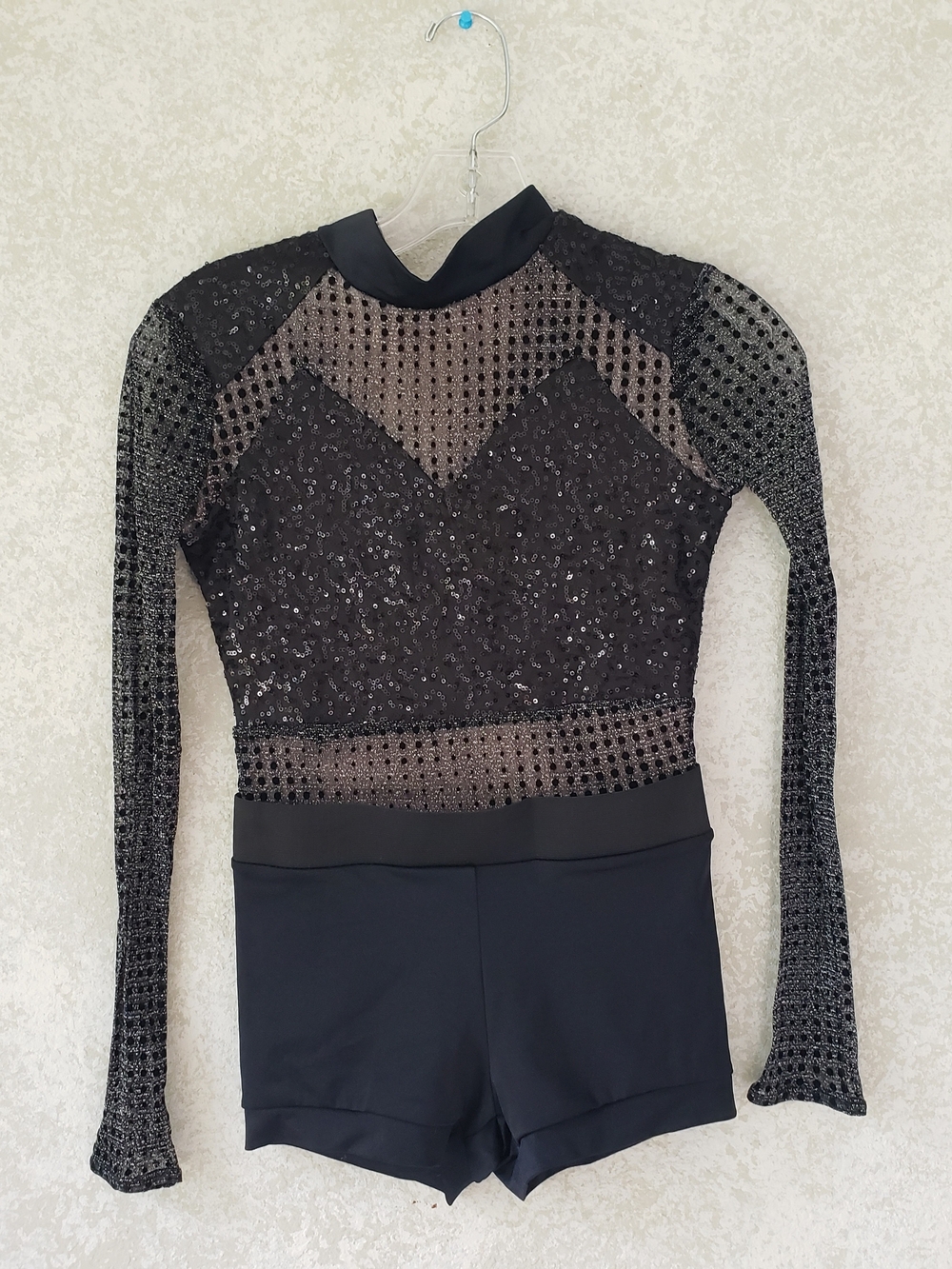 Weissman Girls  Black Sequin‎ Mesh Long-Sleeve Bodysuit Size LC Dancewear